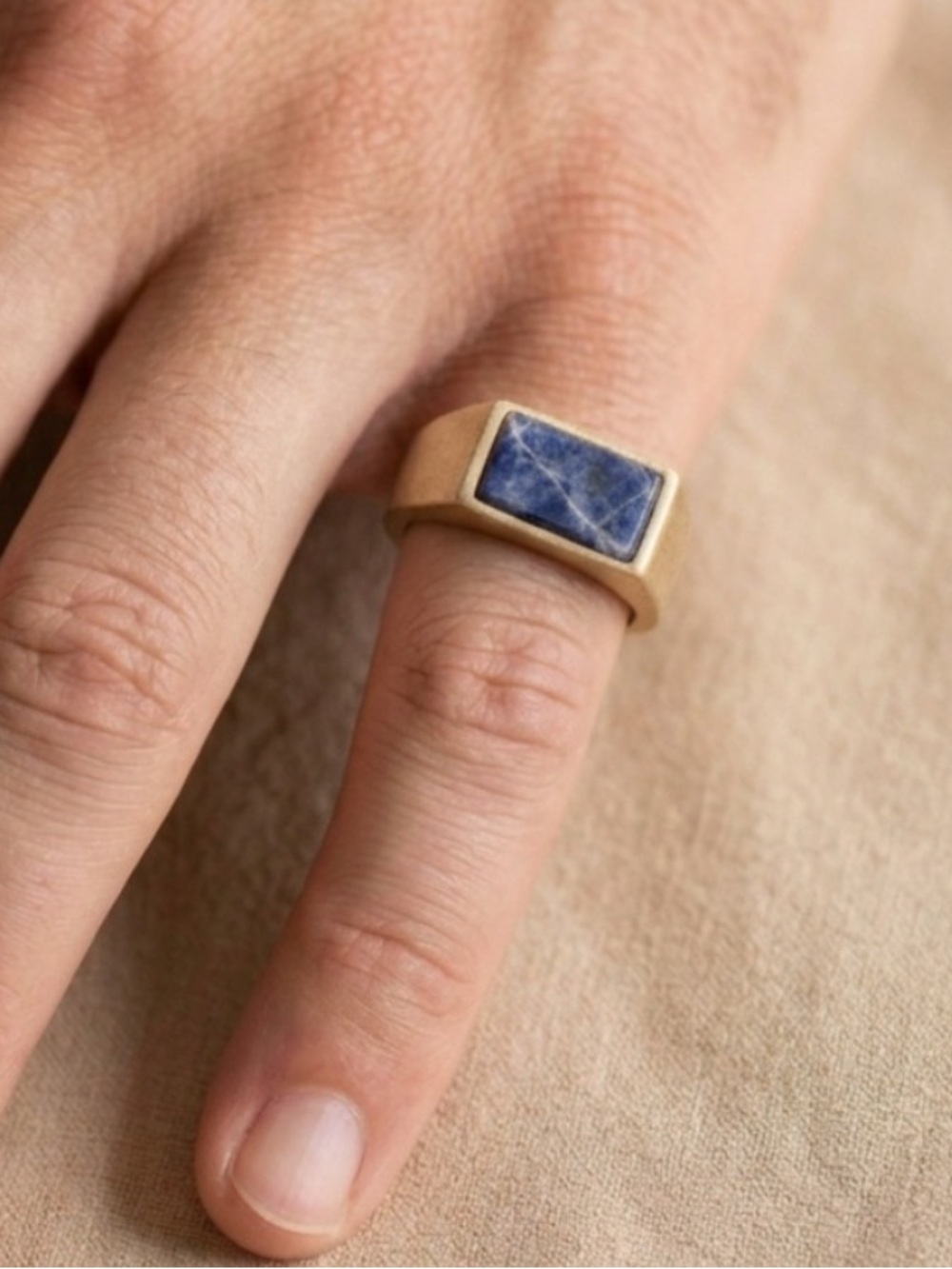 🆕CANVAS: Trendy Gold Tone Rectangular Ring with Blue Stone- Men’s size 7